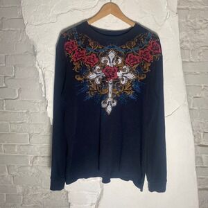 MMA Elite Mens XL Black Thermal Long Sleeve Shirt Cross Roses Graphic Y2K Gothic